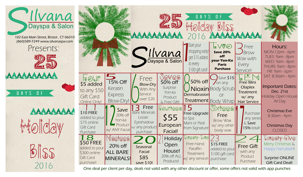 25 Days of Holiday Bliss, Holiday, Christmas specials, Spa specials, spa holiday 2016, hair, makeup, yon-ka, yonka, massage, manicure, pedicure, wella, sebastian, holiday promo, spa holiday promo, spa promo,